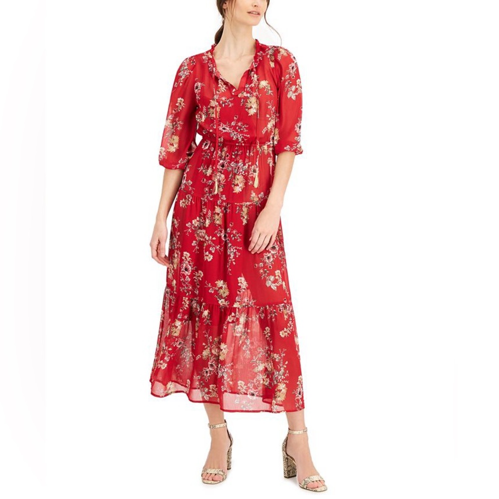 Tinsel- Red and‎ White Ruffled Maxi Dress